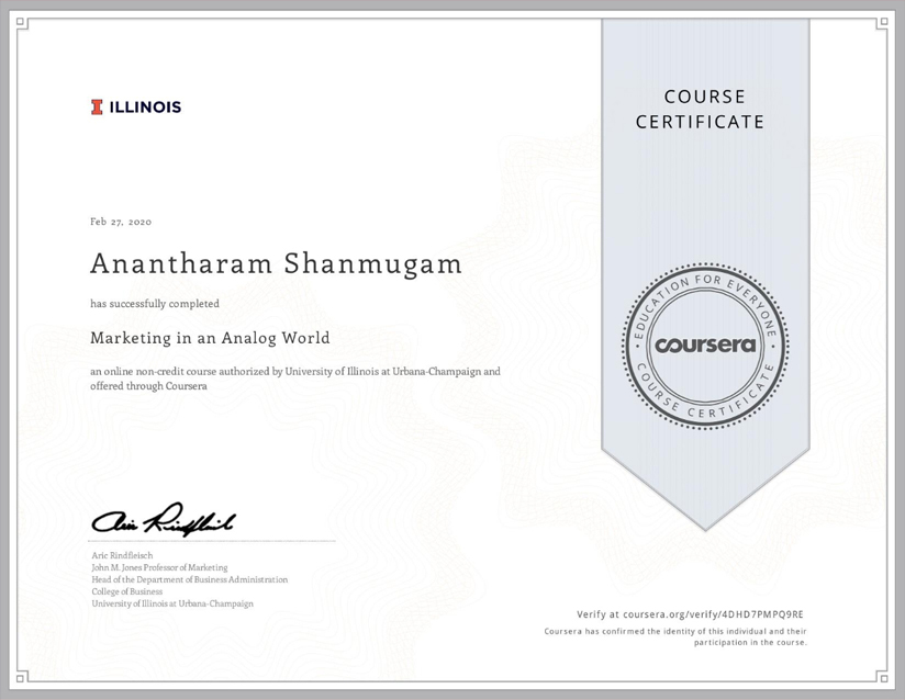 Coursera Marketing in Analog World Certificate