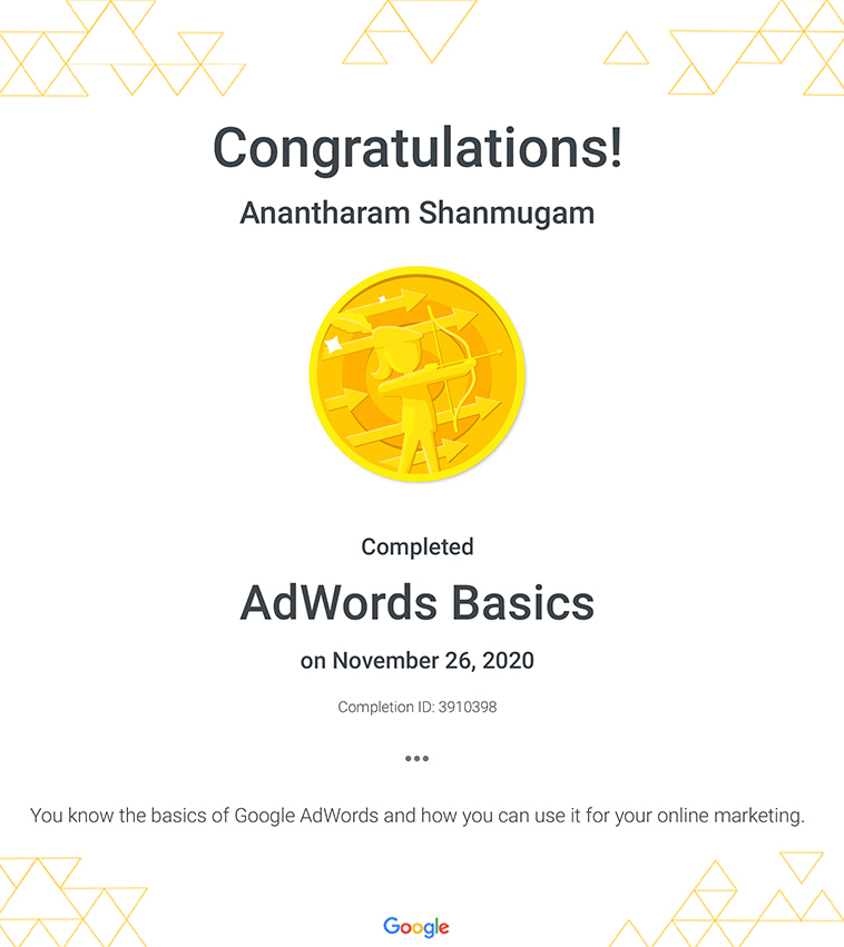 Digital Ananth Google AdWords Basics certificaton