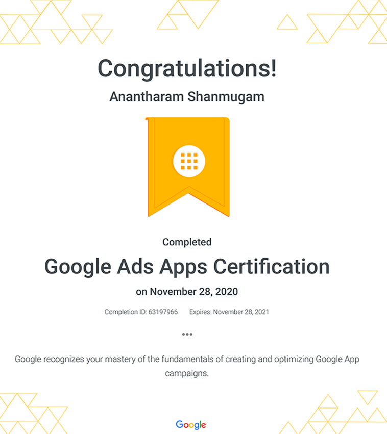 Digital Ananth Google Ads Apps certificate