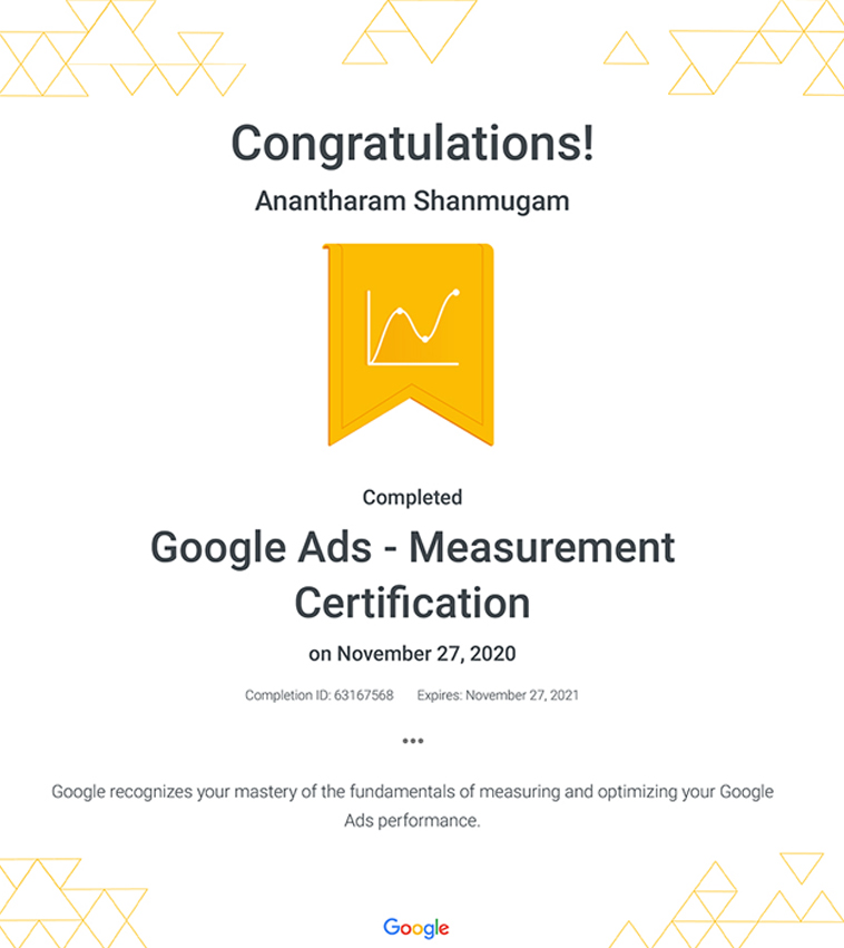 Digital Ananth Google Ads Measurement certificate