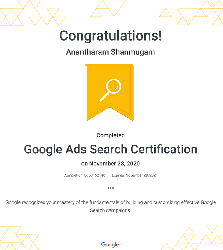 Digital Ananth Google Ads Search certificate