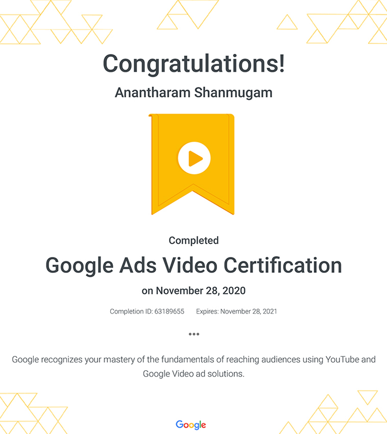 Digital Ananth Google Ads Video certificate