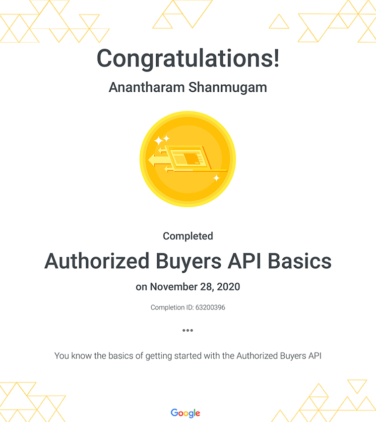 Digital Ananth Google Authorized Buyers API Basics certificate