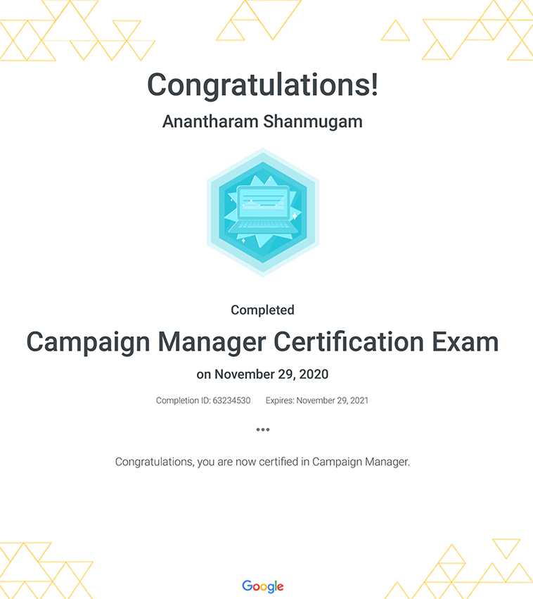 Digital Ananth Google Campaign Manager certificate