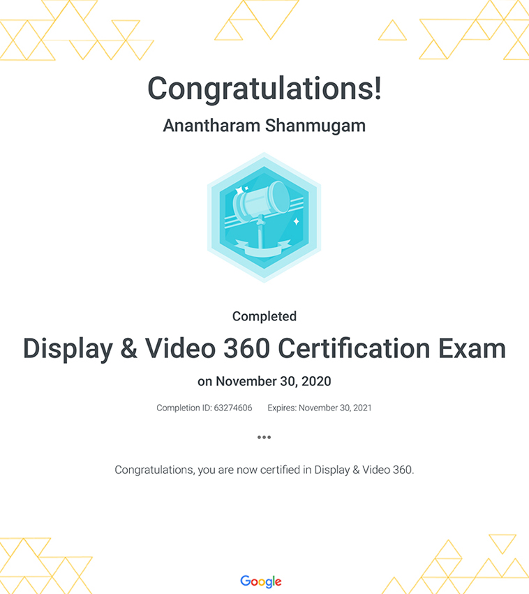 Digital Ananth Google Display Video 360 certificate