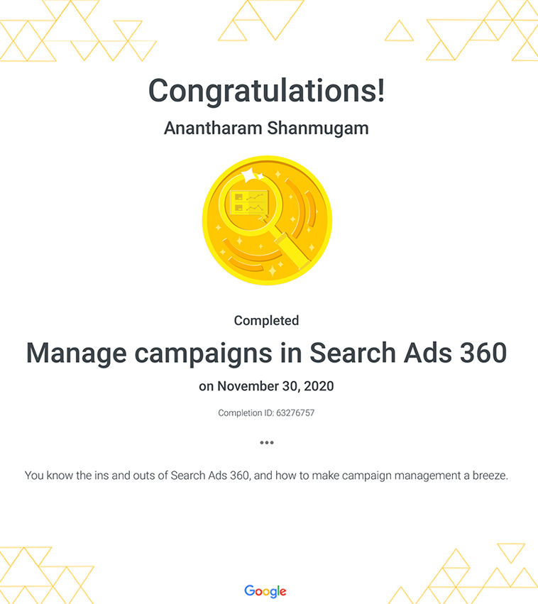 Digital Ananth Google Manage campaigns in Search Ads 360 certificate