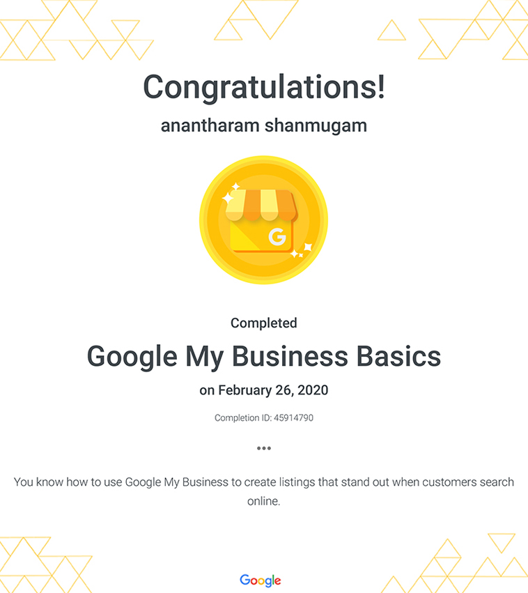 Digital Ananth Google My Business Basics certificate