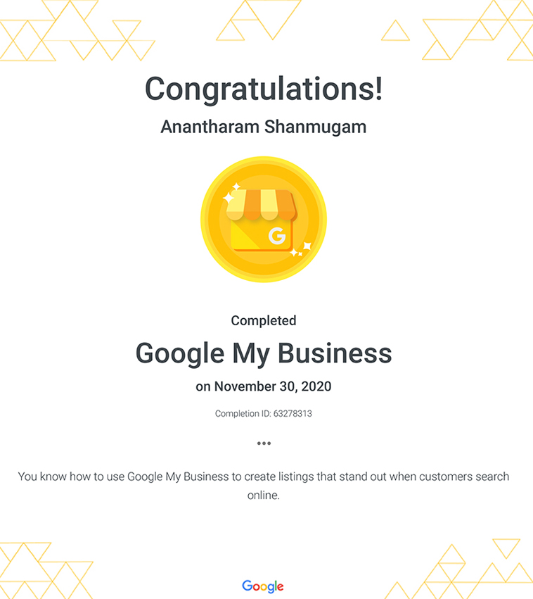Digital Ananth Google My Business certificate