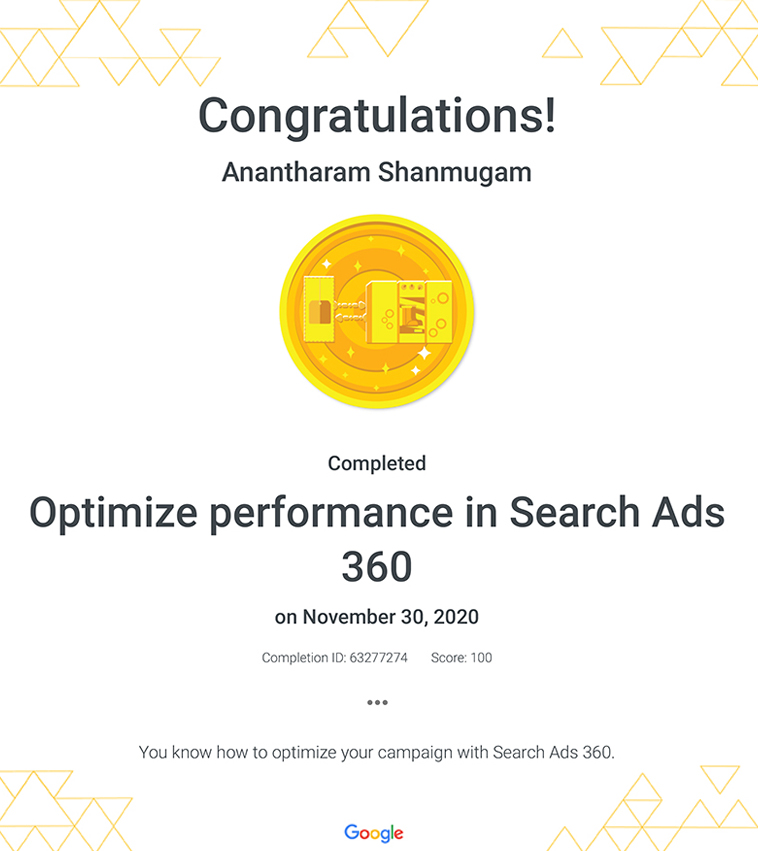 Digital Ananth Google Optimize performance in Search Ads 360 certificate