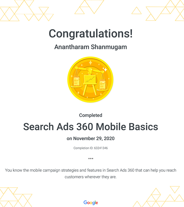 Digital Ananth Google Search Ads 360 Mobile Basics certificate
