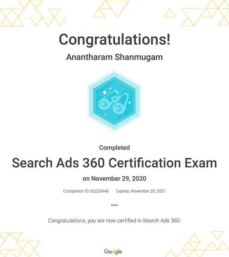Digital Ananth Google Search Ads 360 certificate