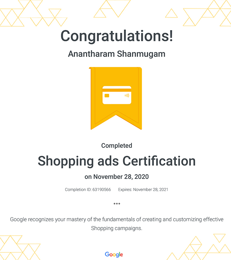 Digital Ananth Google Shopping ads certificate