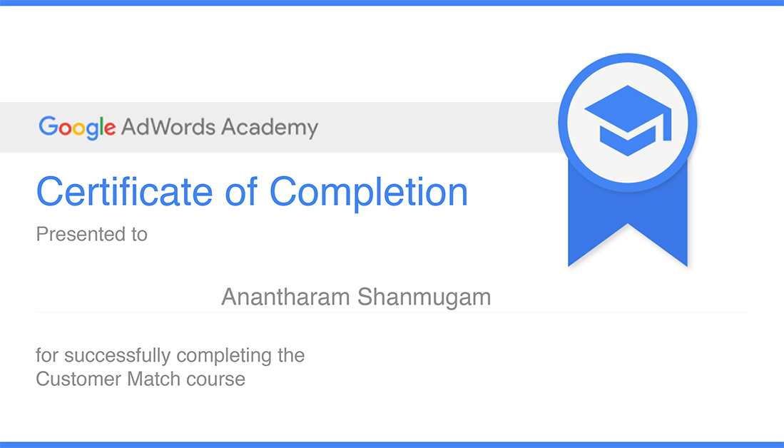 Digital Ananth Google Adwords Academy Customer Match Certificate
