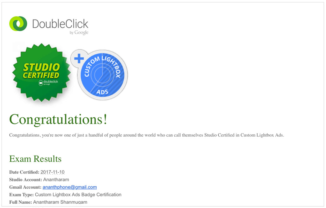 Digital Ananth Google DoubleClick Studio Custom Lightbox Ads Certificate