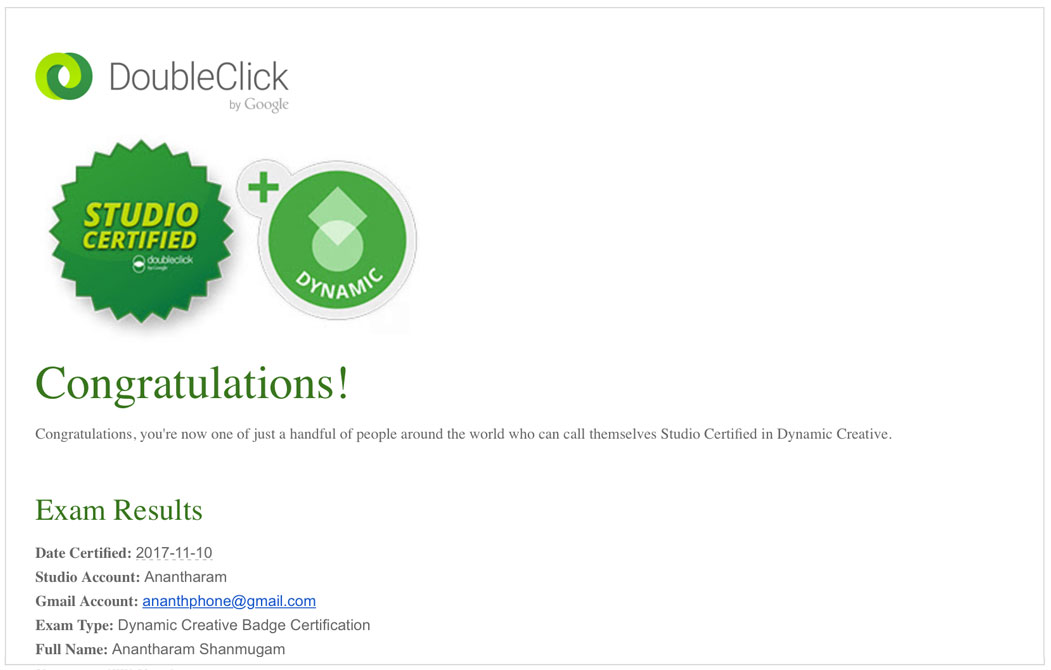 Digital Ananth Google DoubleClick Studio Dynamic Creative Certificate