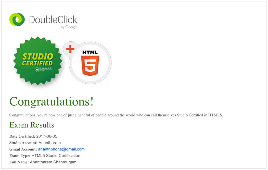 Digital Ananth Google DoubleClick Studio HTML5 Certificate