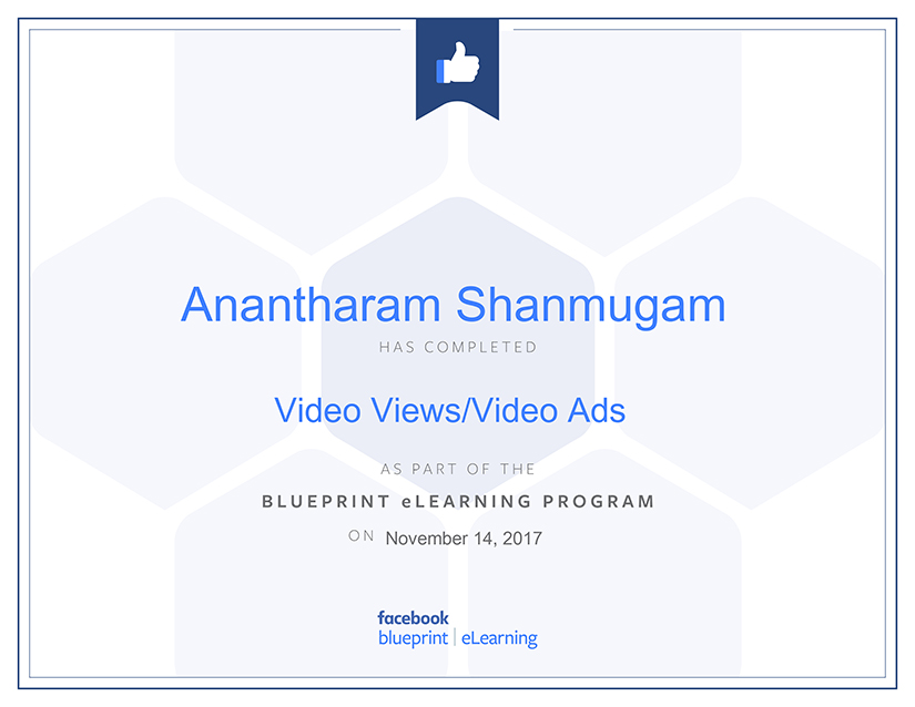 Facebook Blueprint Video Views and Ads Certificate