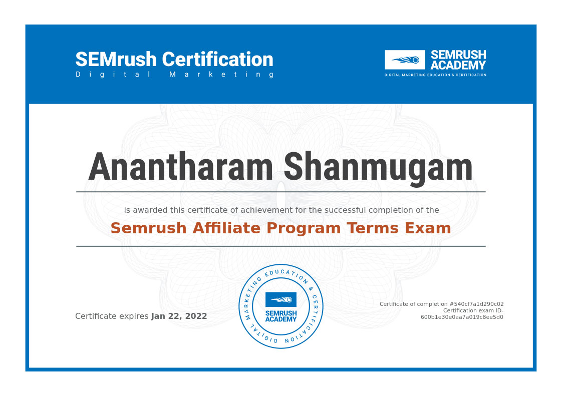 DigitalAnanth Semrush Affiliate Program Terms Exam certificate