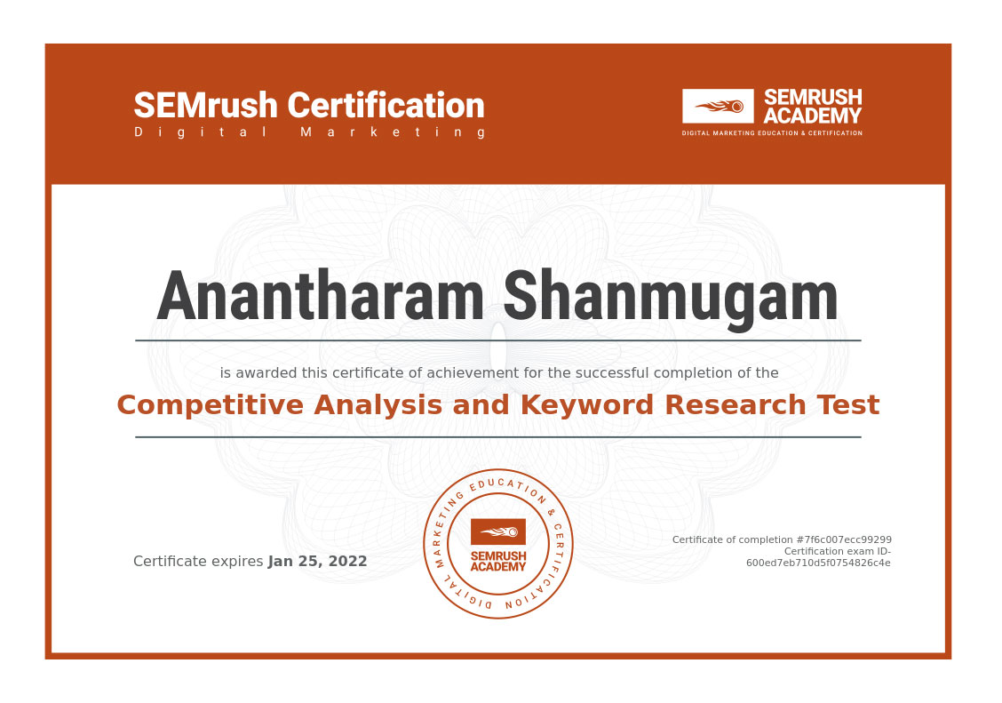 DigitalAnanth Semrush Competitive Analysis and Keyword Research Test certificate