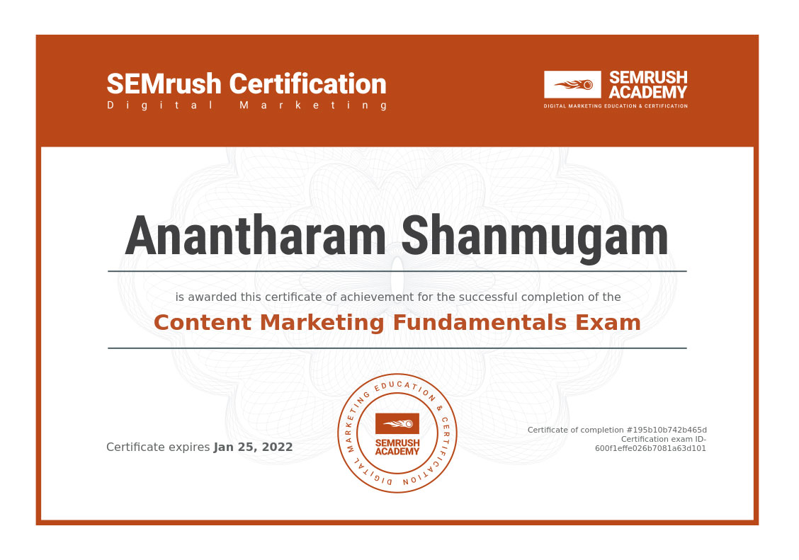 DigitalAnanth Semrush Content Marketing Fundamentals Exam certificate