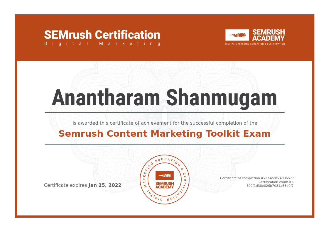 DigitalAnanth Semrush Content Marketing Toolkit Exam certificate