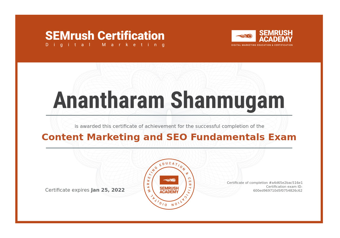 DigitalAnanth Semrush Content Marketing and SEO Fundamentals Exam certificate