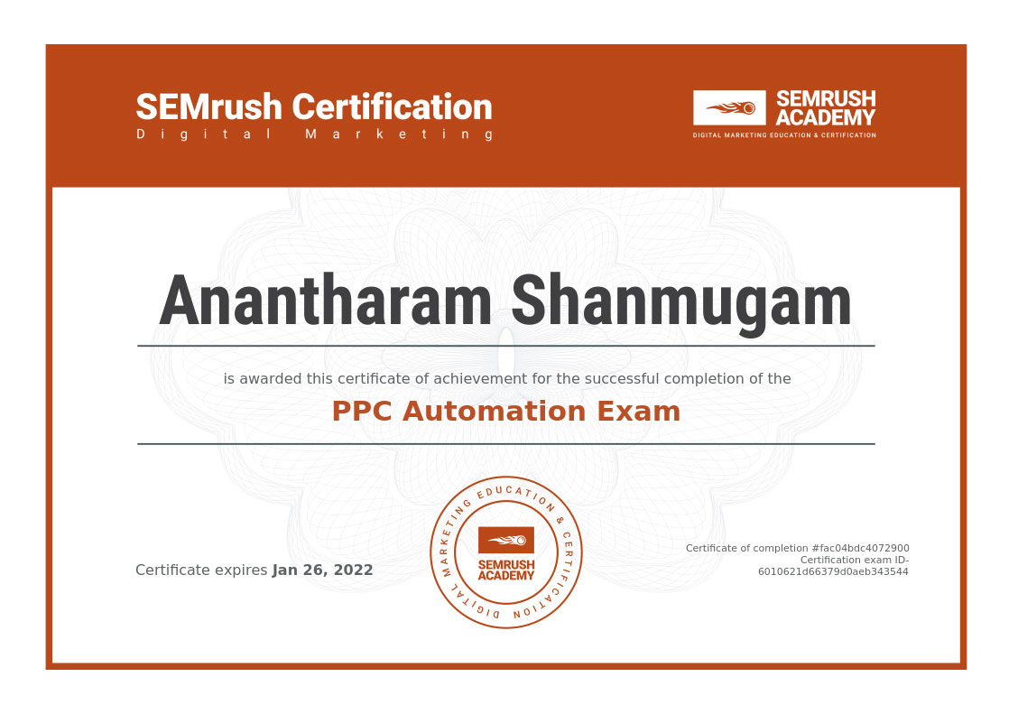 DigitalAnanth Semrush PPC Automation Exam certificate