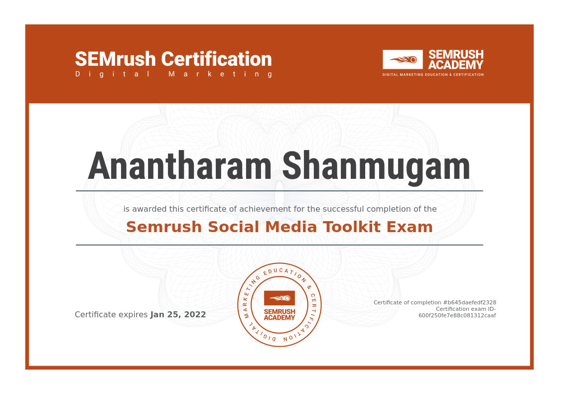 DigitalAnanth Semrush Social Media Toolkit Exam certificate